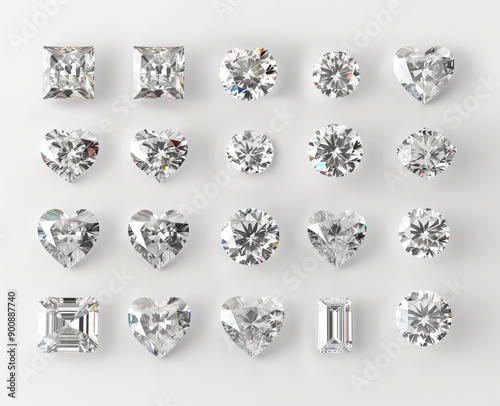 A collection of diamonds in different cuts : round, heart, square, and emerald, isolated on a white background.