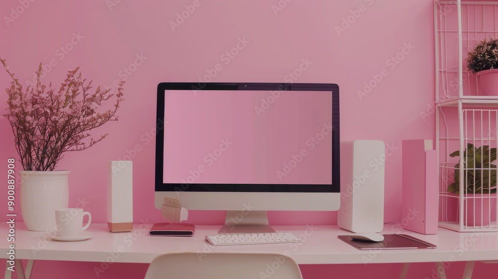 Pink-Themed Minimalist Desk Setup with Computer and Plants Pink-Themed Minimalist Desk Setup with Computer and Plants