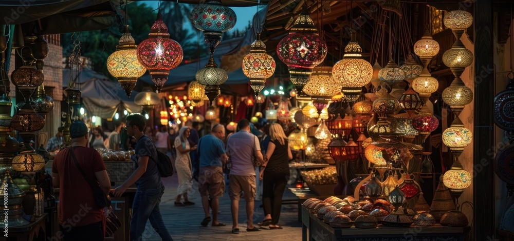 Night atmosphere of a traditional Middle Eastern street market decorated with hanging lanterns Night atmosphere of a traditional Middle Eastern street market decorated with hanging lanterns