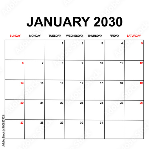 january 2030. Calendar with holydays or red dates. monthly calendar design with week starts on sunday. printable, simple, and clean vector design isolated on white background.