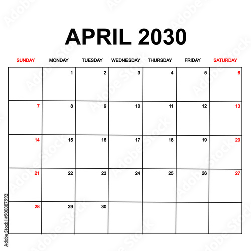 april 2030. Calendar with holydays or red dates. monthly calendar design with week starts on sunday. printable, simple, and clean vector design isolated on white background.