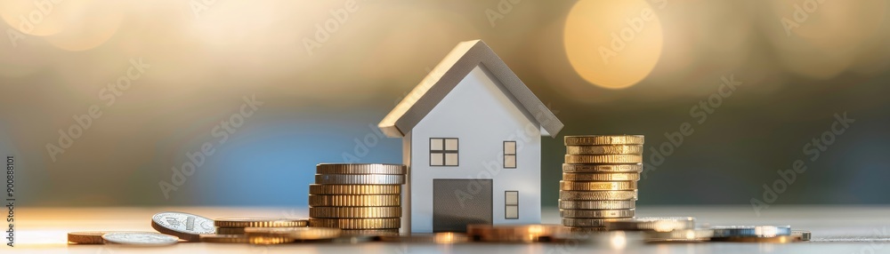 A miniature house surrounded by stacks of coins, representing home investment and financial growth in real estate.