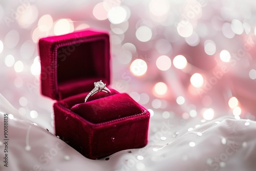 Luxury engagement diamond ring in jewellery gift box. Red pink velvet ring box for romantic love proposal, wedding celebration, elegant background with copyspace