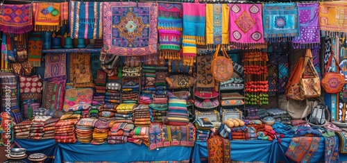 Traditional Turkish or Moroccan street market selling woven fabrics and carpets. © Imsuniyah