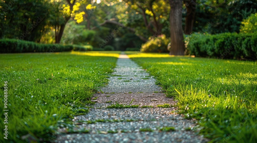 Fototapeta premium A path in a park with a tree in the background. The grass is green and the path is made of concrete