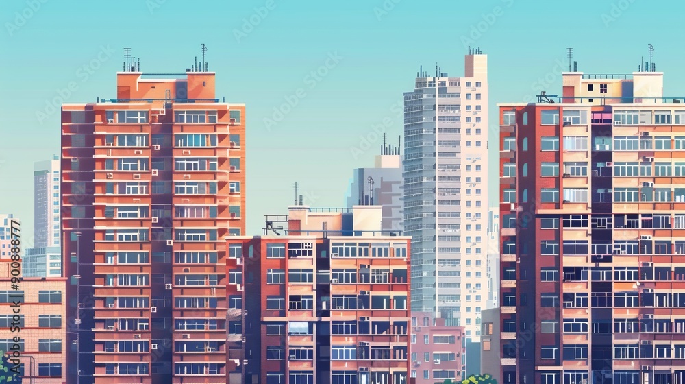 Naklejka premium Downtown Atlanta Skyline showing several prominent buildings and hotels under a blue sky.