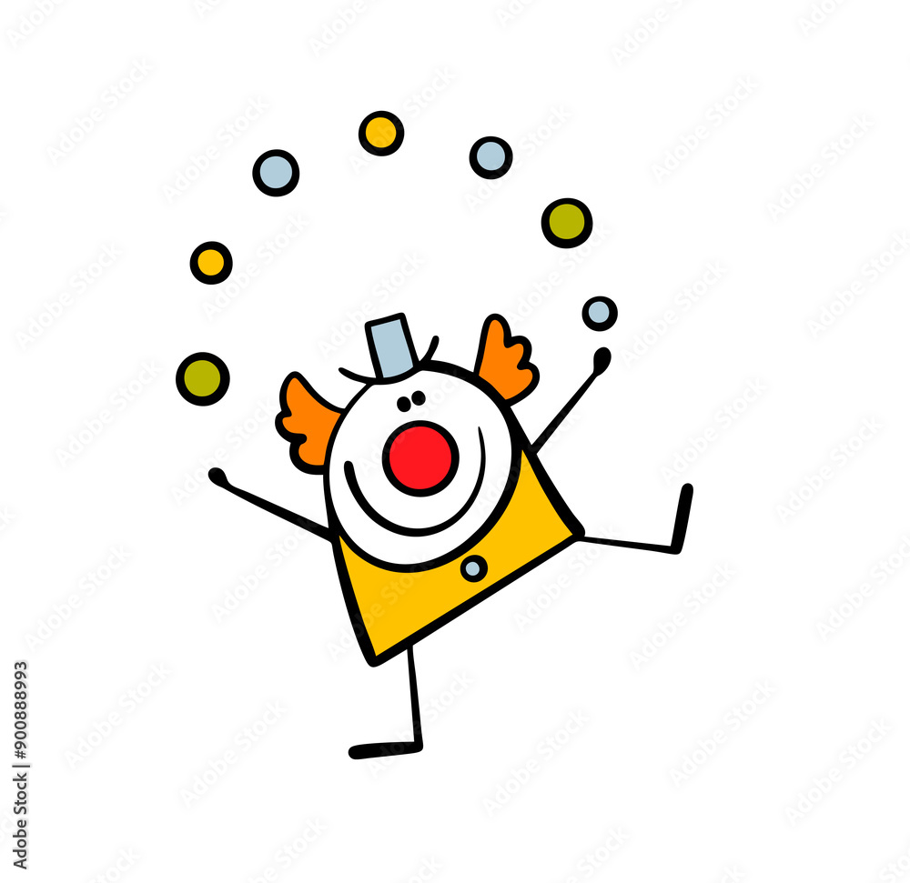 Obraz premium Hand drawn cheerful red-haired clown performs in a circus or theater. Cartoon vector illustration of an artist showing act on a performance. Doodle man is juggling balls.