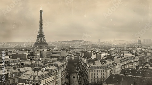 panorama of famous Eiffel Tower and Paris roofs, Paris France