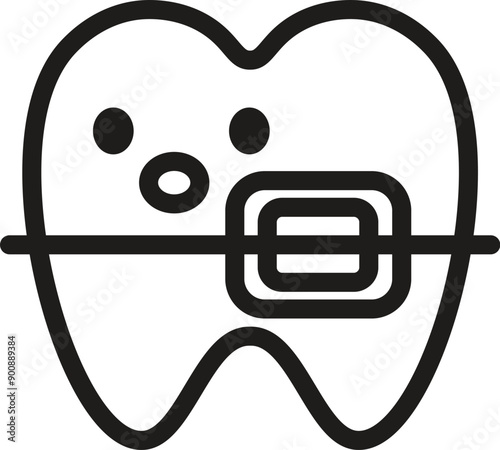 Surprised cute tooth with dental brace, orthodontic treatment. Editable stroke, vector icon. EPS 10