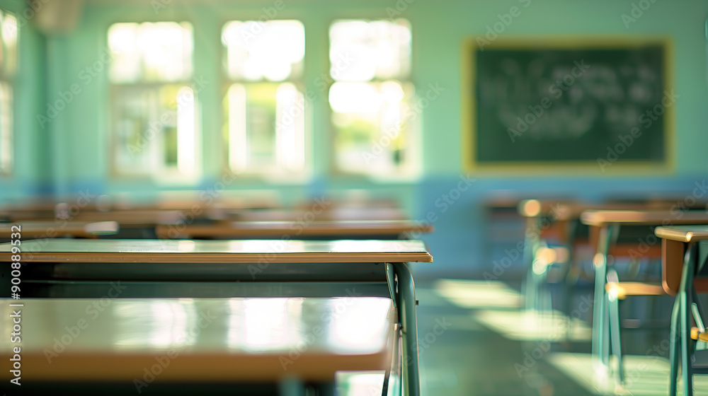 Blurred empty classroom in an elementary school or high school with desks and chairs Blurred empty classroom in an elementary school or high school with desks and chairs