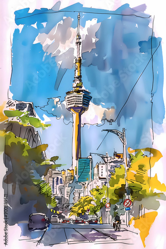 Watercolor Sketch Digital Illustration of N Seoul Tower in South Korea.