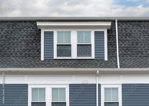 close-up view of the upper portion of a residential building with dormer in Brighton, Massachusetts, USA