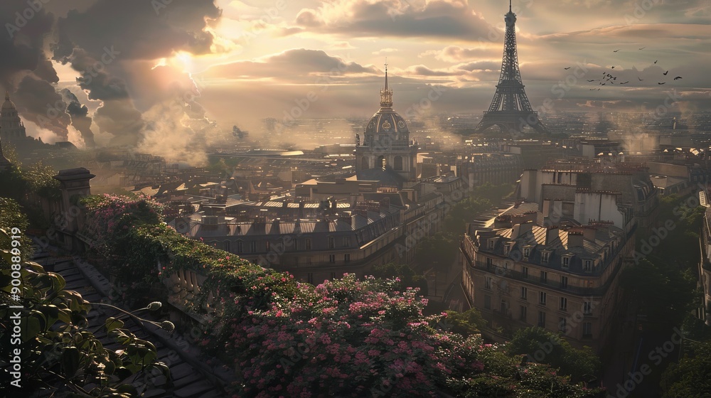 Naklejka premium Eiffel Tower iconic landmark and Paris old roofs from above, Paris France