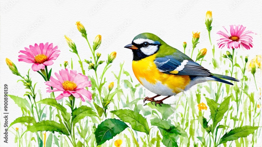 Obraz premium Vibrant Watercolor Illustration of a Colorful Bird Among Wild Flowers â€“ Perfect for Nature Lovers