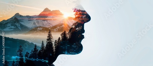 Double exposure of a zoologist observing animals, merged with a digital interface and nature landscape of mountains and forests, creating a futuristic postcard photo