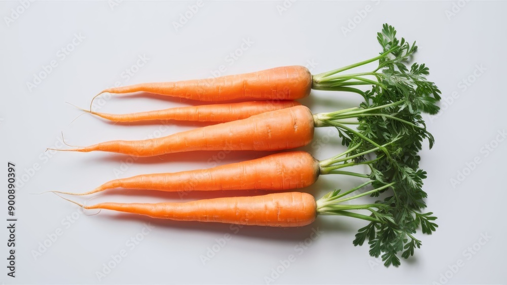 Four freshly harvested carrots arranged on a white background