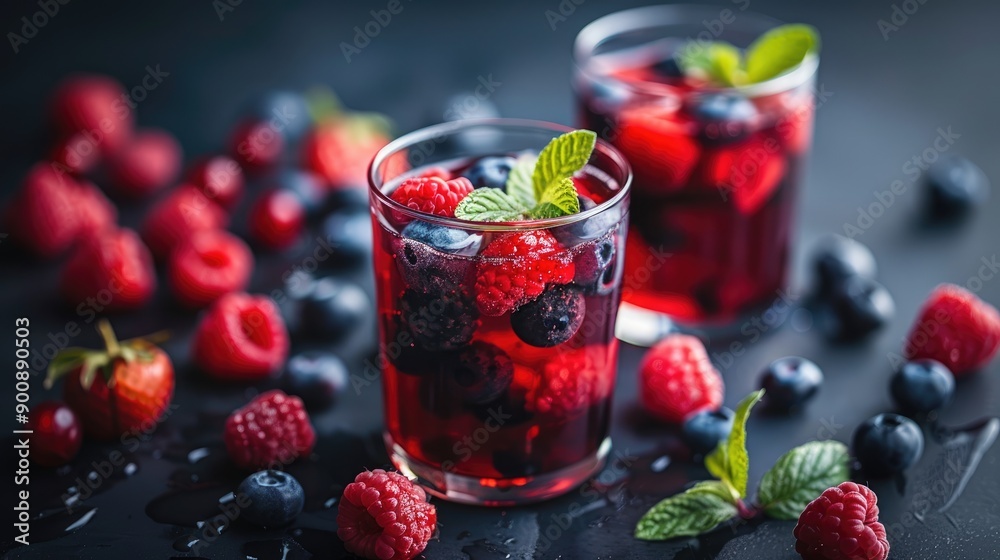 Two glasses of fruit punch with raspberries and blueberries. The fruit is fresh and colorful Two glasses of fruit punch with raspberries and blueberries. The fruit is fresh and colorful