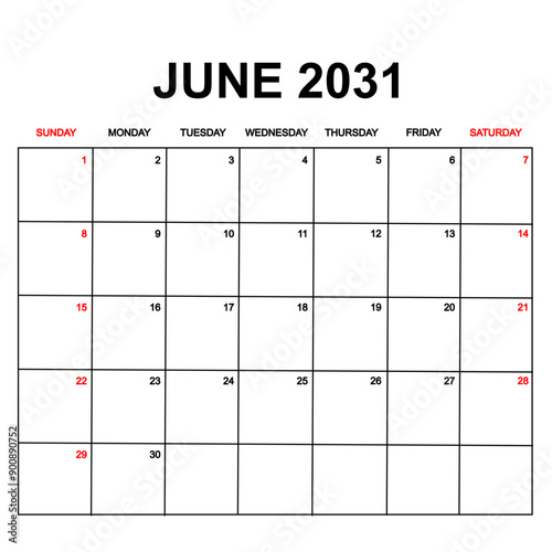 june 2031. Calendar with holydays or red dates. monthly calendar design with week starts on sunday. printable, simple, and clean vector design isolated on white background.