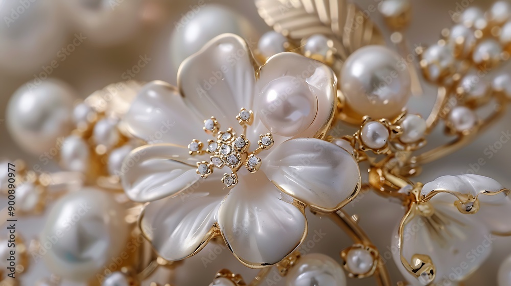 Close up of gold brooch with pearls. Selective focus. Close up of gold brooch with pearls. Selective focus.