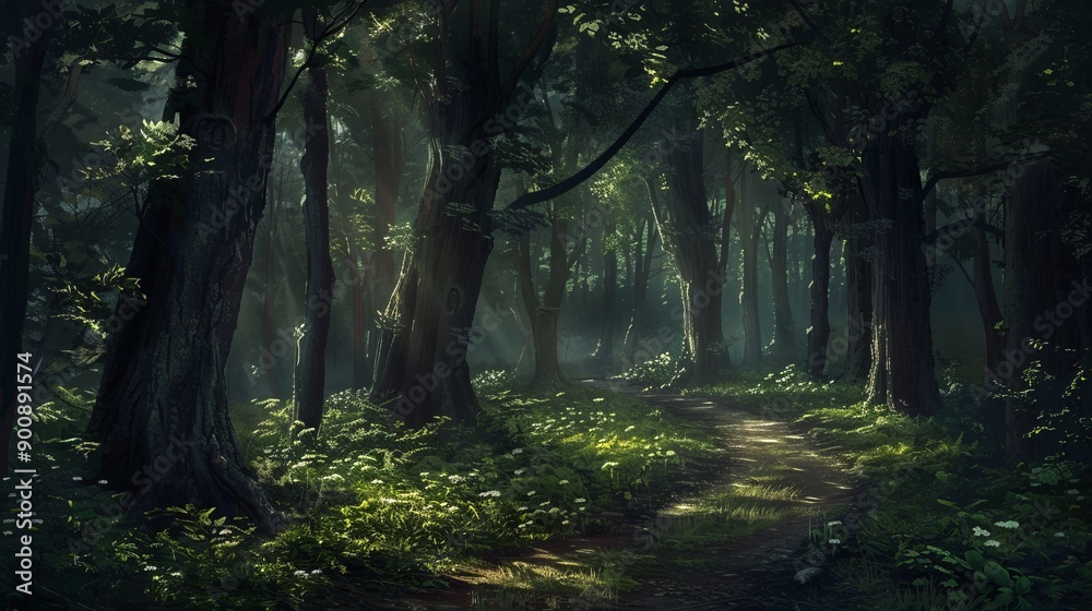 Magical fairytale forest. Coniferous forest covered of green moss. Mystic atmosphere. Magical fairytale forest. Coniferous forest covered of green moss. Mystic atmosphere.