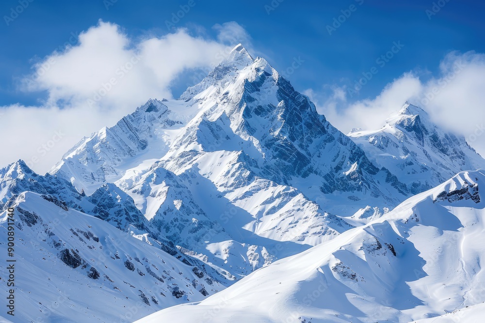 Obraz premium The mountains are covered in snow and the sky is clear. The mountains are very tall and majestic