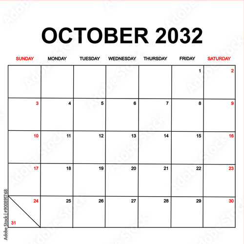 october 2032. Calendar with holydays or red dates. monthly calendar design with week starts on sunday. printable, simple, and clean vector design isolated on white background.