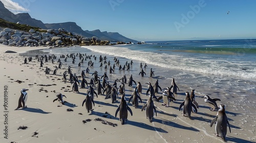 Colony of spectacled , African penguins on Boulders Beach near Cape Town .