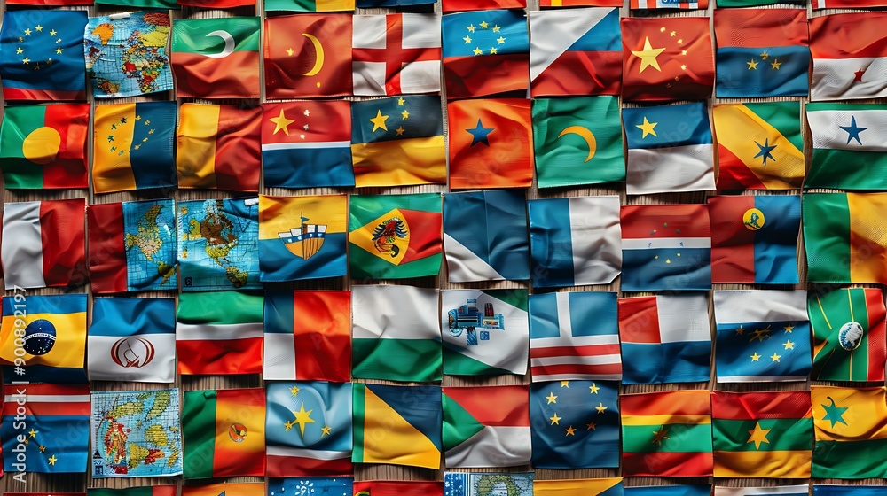 Fototapeta premium Colorful crumpled flags of different countries as a background texture