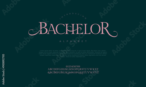 Bachelor swash luxury elegant alphabet letters and numbers. Vintage wedding typography classic serif font decorative vintage retro. creative vector illustration © fourmonths