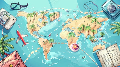 Illustration Travel Concept with Plane, Famous Landmark World, and Traveling luggage