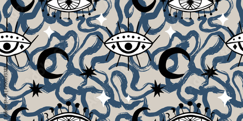 Exotic Celestial seamless Pattern with hand drawn brush strokes and Eyes. Gouache painting background with scribble stripes