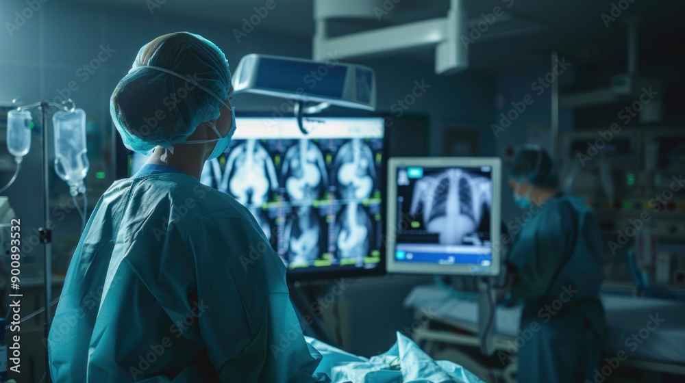 Doctor looking at total hip replacement X-ray film room at the hospital, healthcare concept Doctor looking at total hip replacement X-ray film room at the hospital, healthcare concept