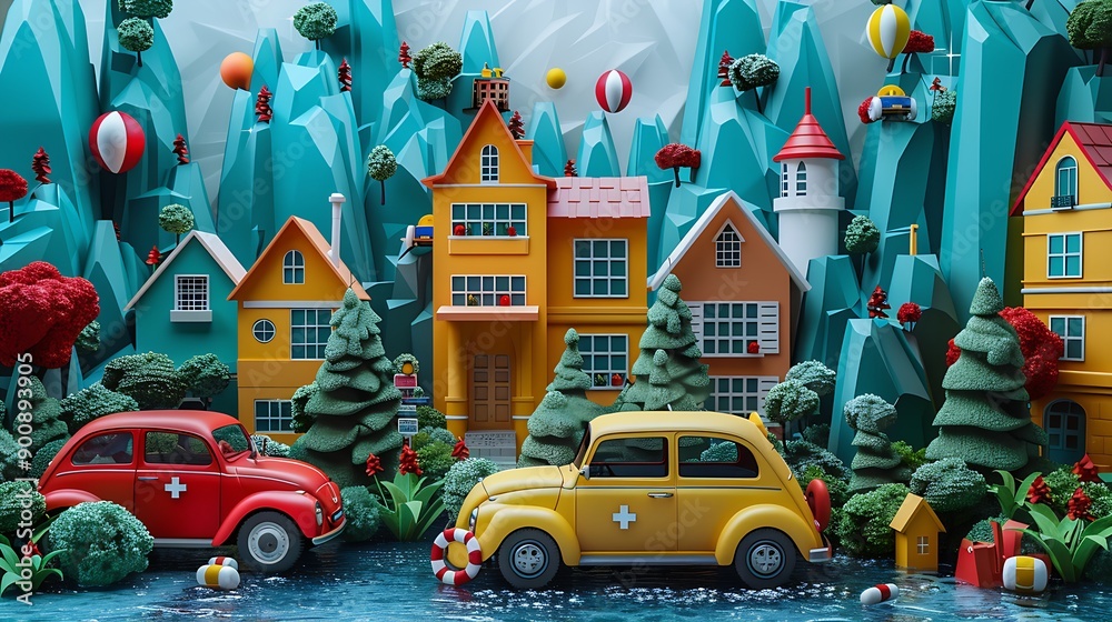 Low poly cartoon illustration of a village in the mountains with red and yellow cars. Low poly cartoon illustration of a village in the mountains with red and yellow cars.
