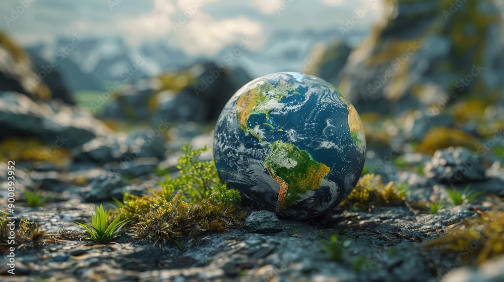 A Beautiful Earth Globe Resting on Rocky Ground Surrounded by Lush Green Plants and Mountains. Generative AI A Beautiful Earth Globe Resting on Rocky Ground Surrounded by Lush Green Plants and Mountains. Generative AI