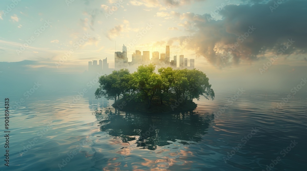 Mystical Sunrise Over Tranquil Waters With City Skyline and Lush Island. Generative AI