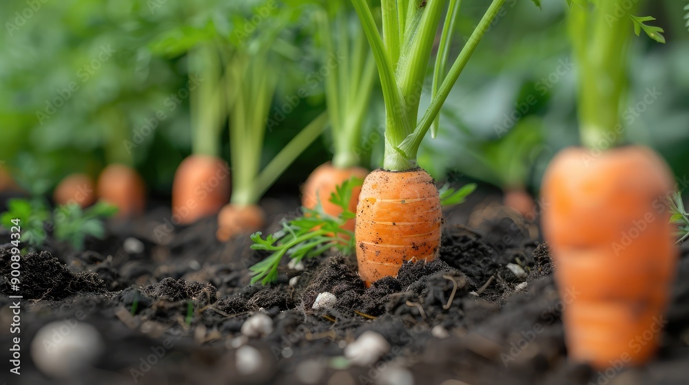 A close-up of freshly picked carrots, still covered in soil, with the garden bed in the background. A close-up of freshly picked carrots, still covered in soil, with the garden bed in the background.