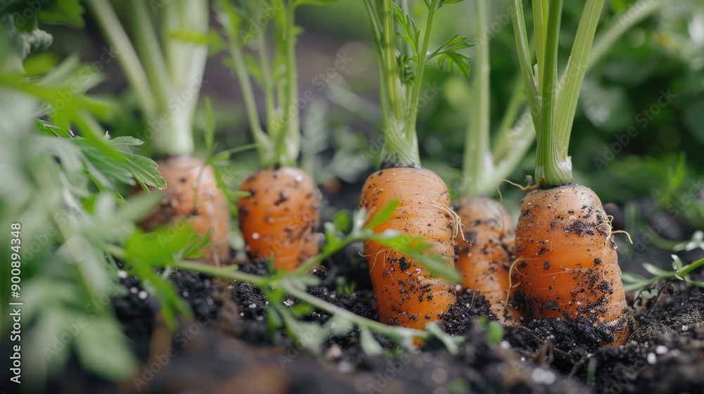 A close-up of freshly picked carrots, still covered in soil, with the garden bed in the background. A close-up of freshly picked carrots, still covered in soil, with the garden bed in the background.