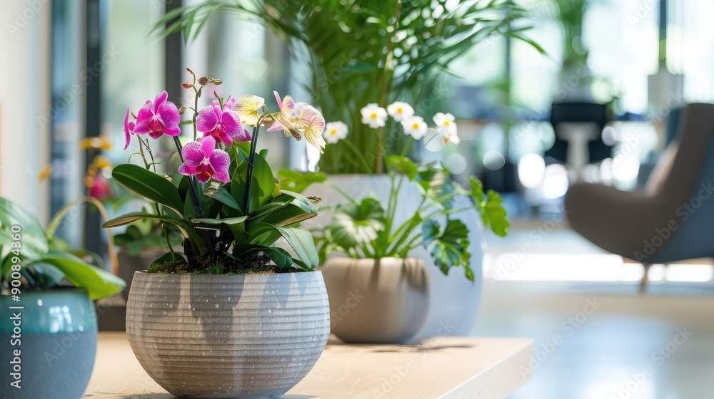 A close-up of potted flowering plants in a modern office, adding a touch of nature to the workspace. A close-up of potted flowering plants in a modern office, adding a touch of nature to the workspace.