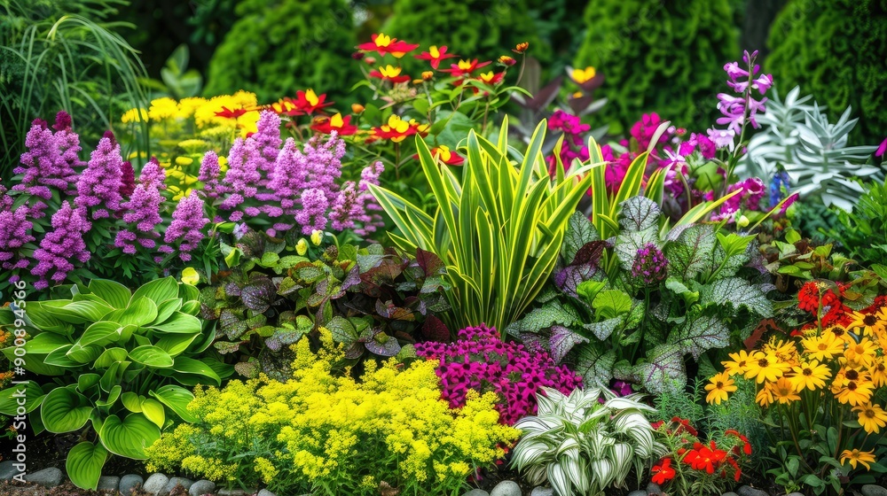 Obraz premium A colorful mix of perennials and annuals blooming in a garden bed, with a variety of shapes and textures creating a vibrant display.