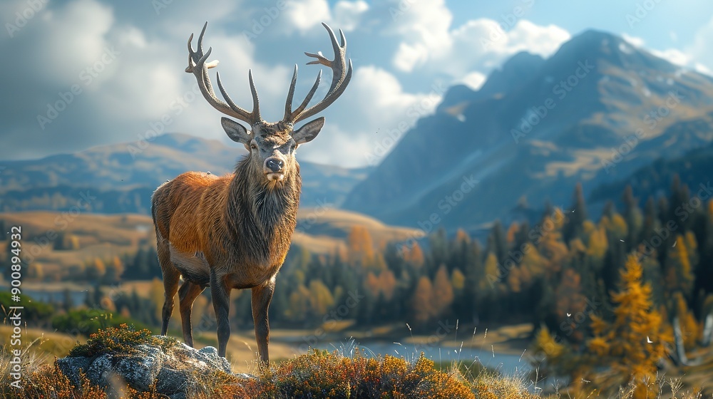 Impressive Red Deer Standing Tall with Antlers Overlooking Expansive Rolling Hills Impressive Red Deer Standing Tall with Antlers Overlooking Expansive Rolling Hills