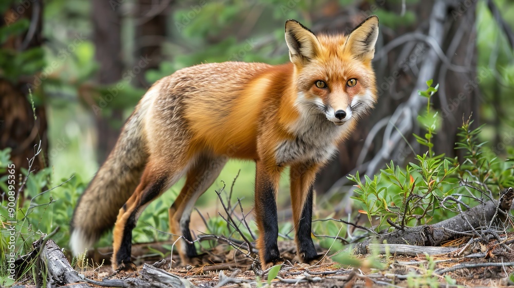 Close up wild fox on mossy rock. Natural forest habitat with beast of prey. Close up wild fox on mossy rock. Natural forest habitat with beast of prey.