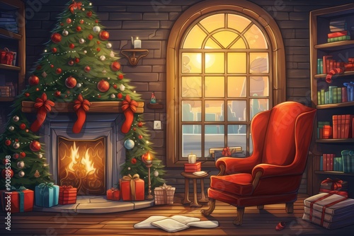 Cozy christmas living room with fireplace, tree, presents, armchair, books, candles in vector art © Paulkot
