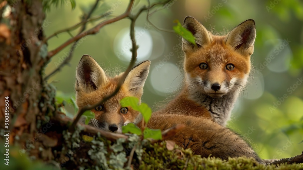Close up wild fox on mossy rock. Natural forest habitat with beast of prey. Close up wild fox on mossy rock. Natural forest habitat with beast of prey.