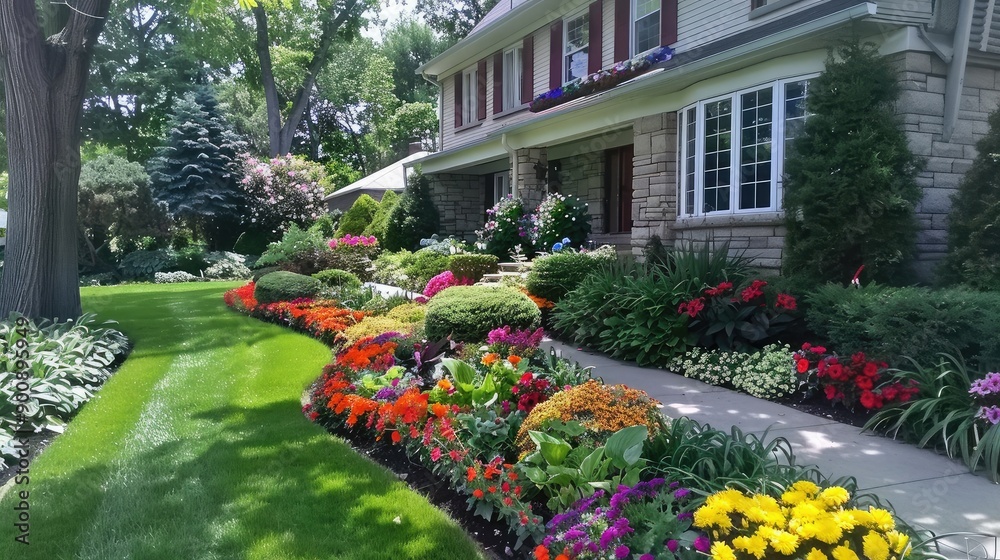 Fototapeta premium A neatly trimmed lawn bordered by beds of colorful flowers, creating a vibrant and inviting front yard for a suburban home.
