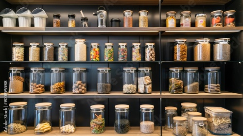 Wallpaper Mural A pantry shelf filled with neatly labeled jars and containers of dry goods and snacks. Torontodigital.ca