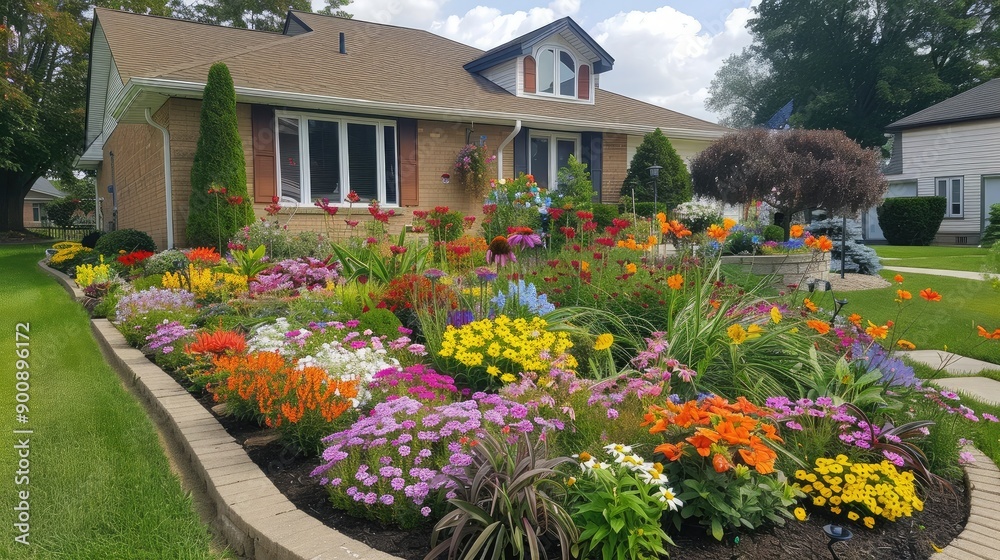 Fototapeta premium A picturesque flower garden filled with a variety of blooming flowers, creating a colorful and inviting front yard for a suburban home.