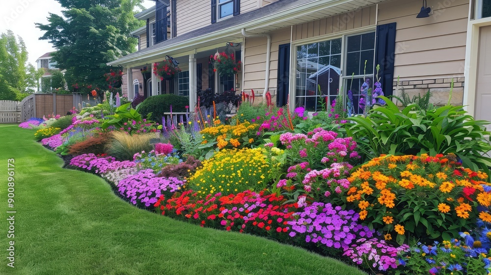 Obraz premium A picturesque flower garden filled with a variety of blooming flowers, creating a colorful and inviting front yard for a suburban home.
