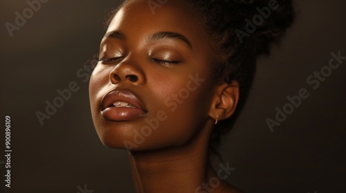 Contemporary studio portrait of an African American woman, her skin glowing and lightly made-up, capturing a moment of serene beauty