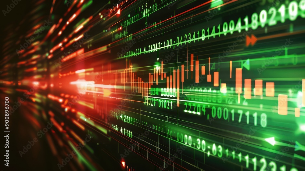 A stock ticker with green and red arrows, symbolizing market fluctuations and trading. A stock ticker with green and red arrows, symbolizing market fluctuations and trading.
