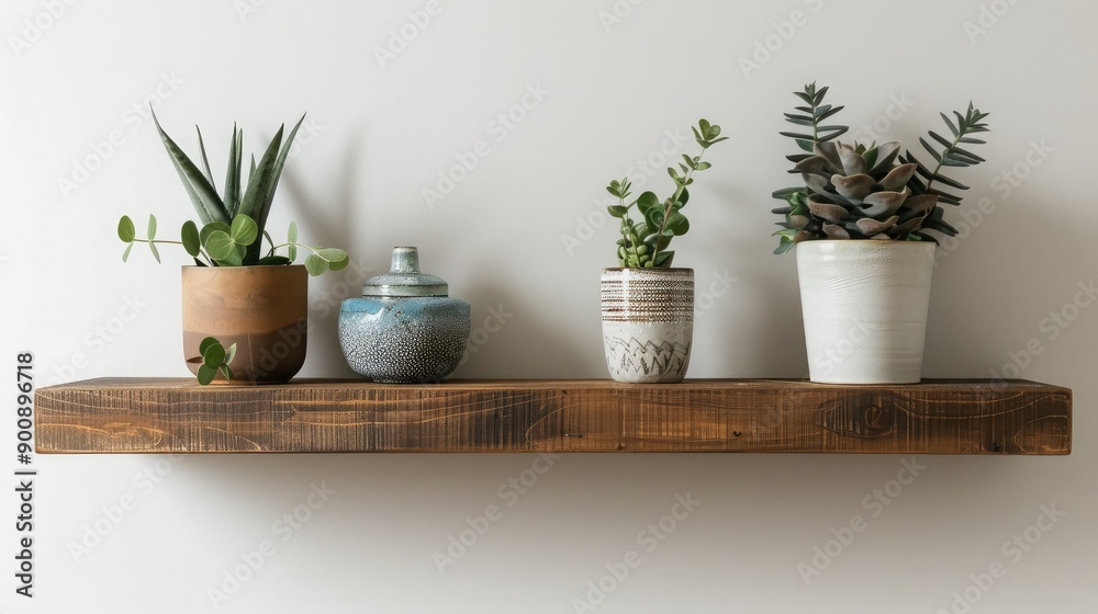 A stylish floating shelf in a bedroom, holding plants, books, and personal mementos, enhancing the decor. A stylish floating shelf in a bedroom, holding plants, books, and personal mementos, enhancing the decor.